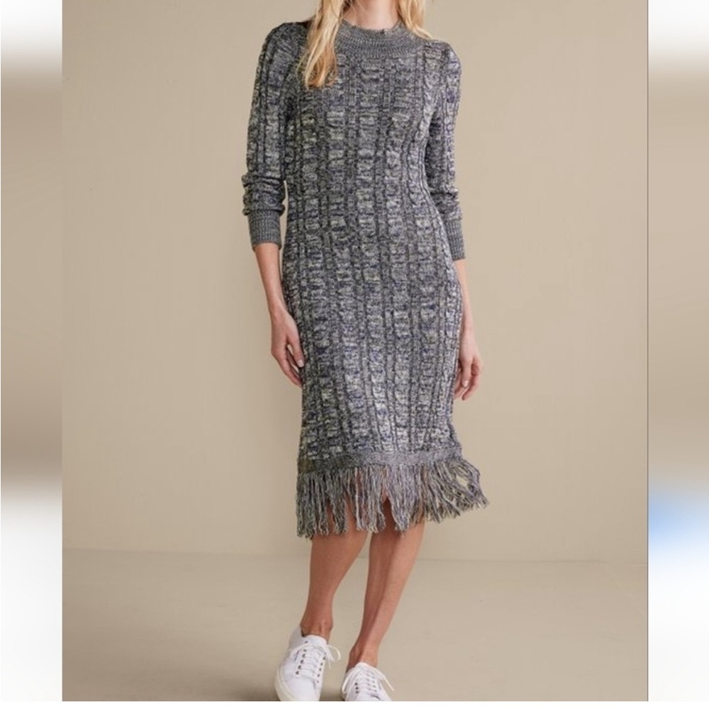 Soft Surroundings Cable Knit Sweater Dress with Fringe Hem MSRP $150 - Picture 1 of 9
